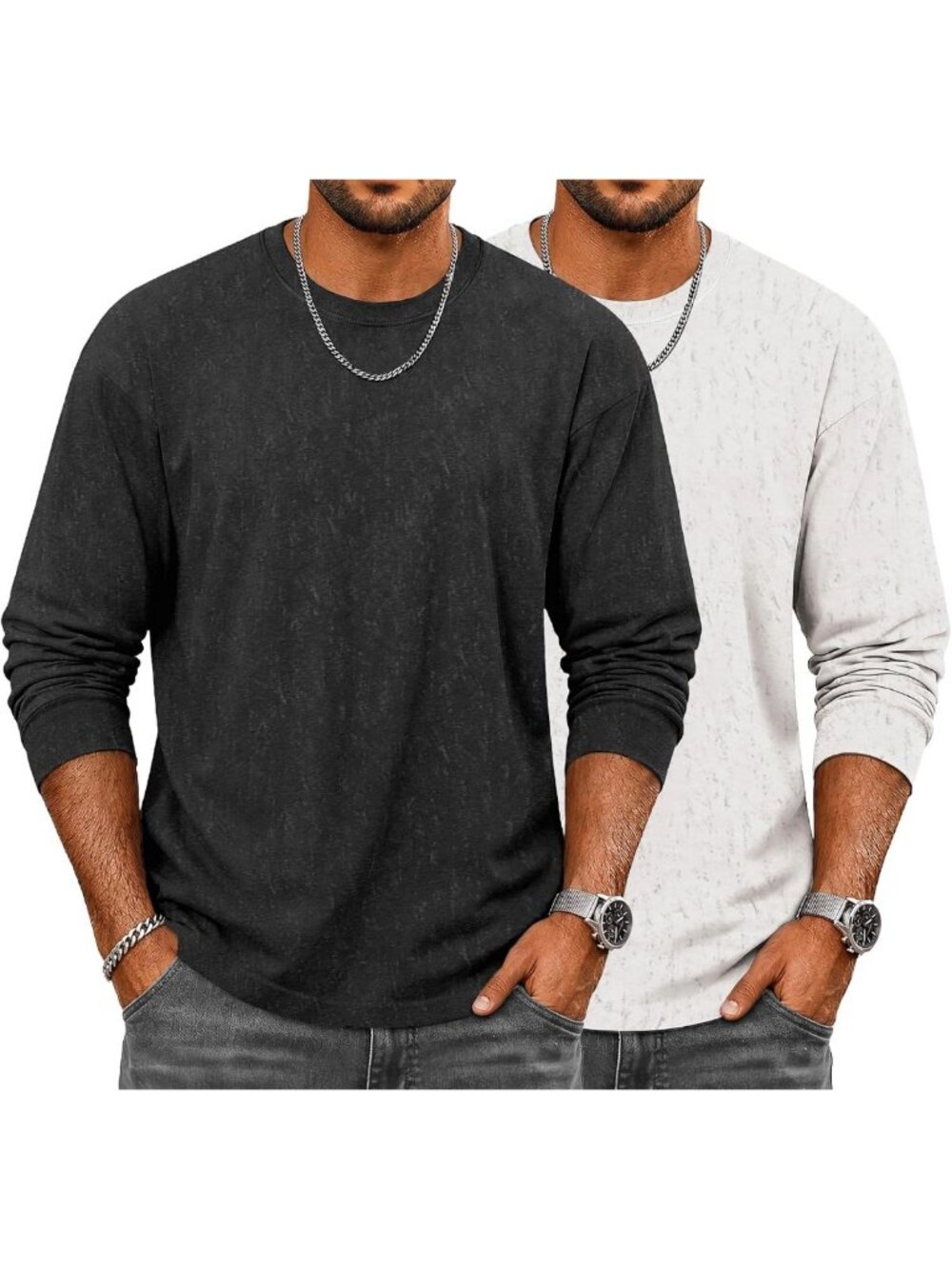 Vintage Washed Long Sleeve Cotton Tee - Relaxed Fit Basic Shirt for Men